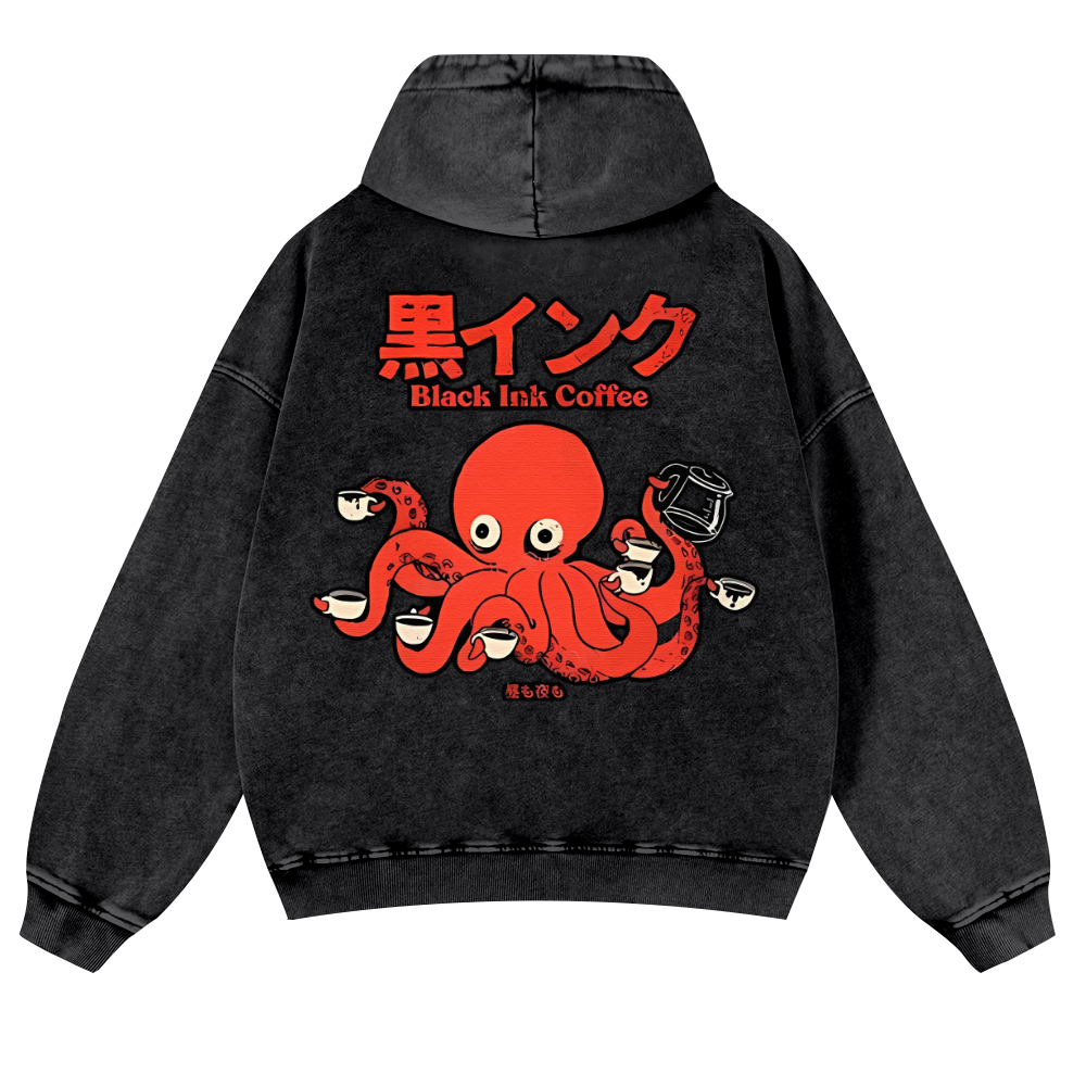 Black Ink Coffee Octopus Vintage Washed Cotton Back Art Hoodie