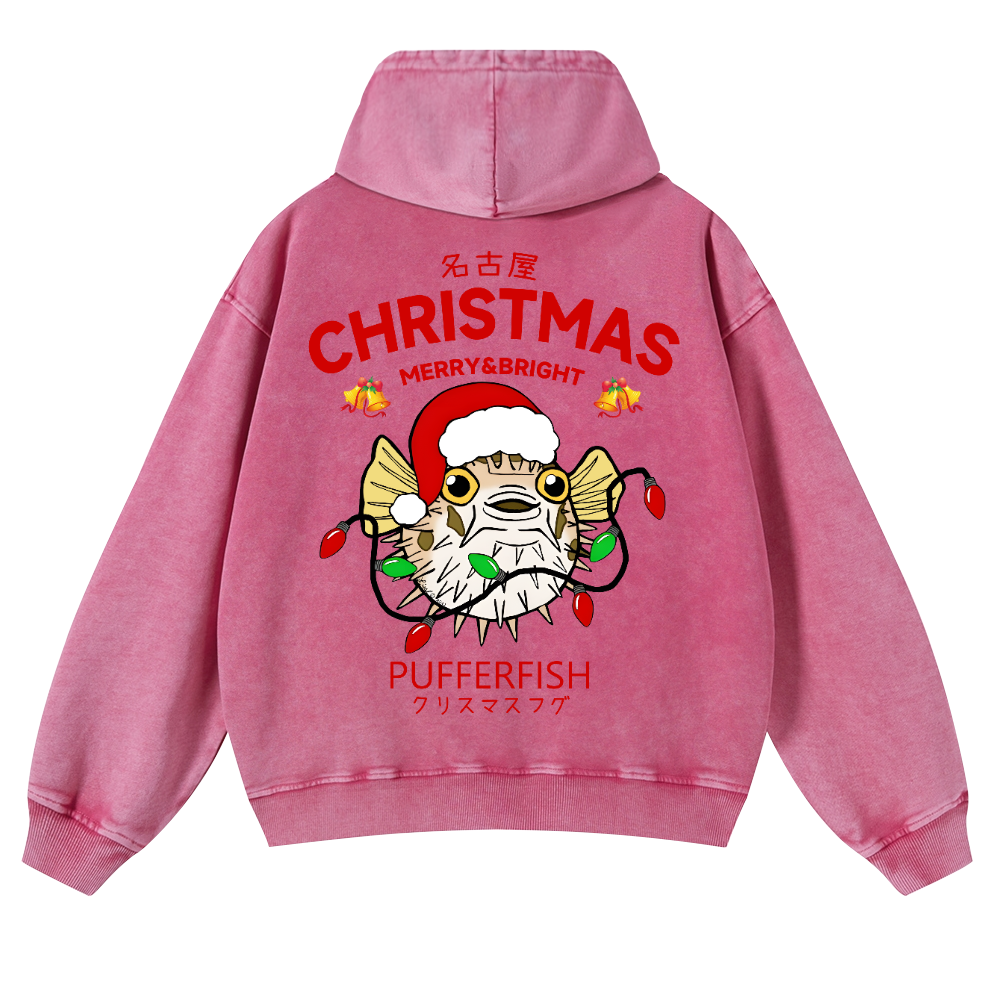 Christmas Puffer Fish Vintage Washed Cotton Back Art Hoodie
