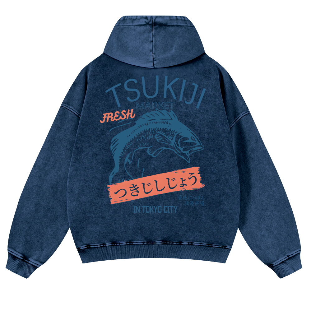 Tsukiji Fish Market Vintage Washed Cotton Back Art Hoodie
