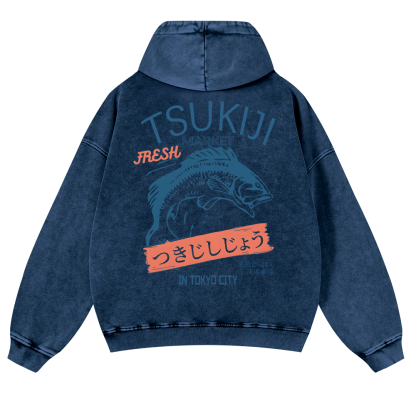 Tsukiji Fish Market Vintage Washed Cotton Back Art Hoodie