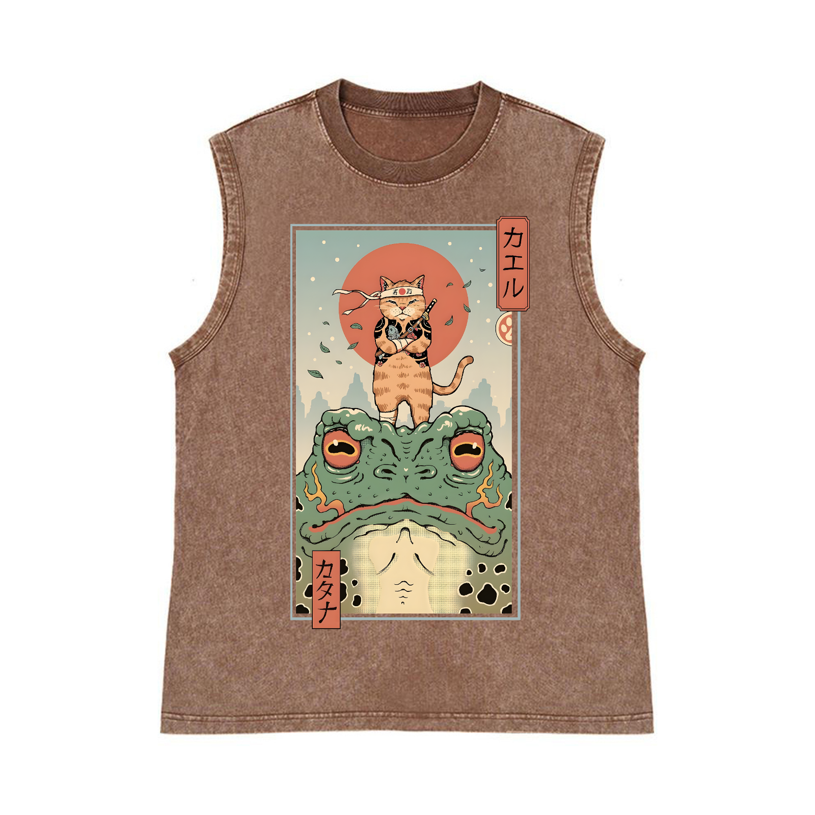 Ninja Cat and Frog Pure Cotton Wash-Dyed Sleeveless Tank Top