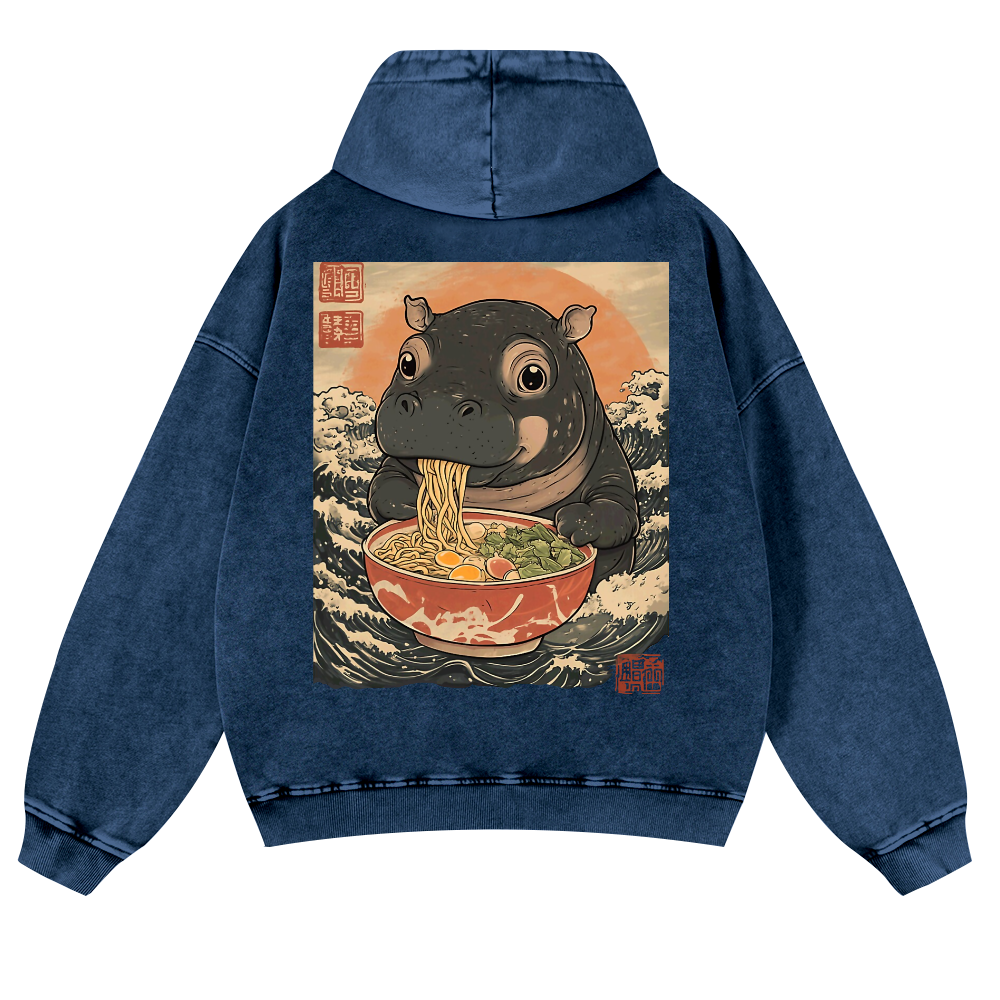 Hippo Ramen Ukiyoe Vintage Washed Cotton Back Art Hoodie