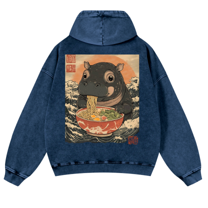 Hippo Ramen Ukiyoe Vintage Washed Cotton Back Art Hoodie