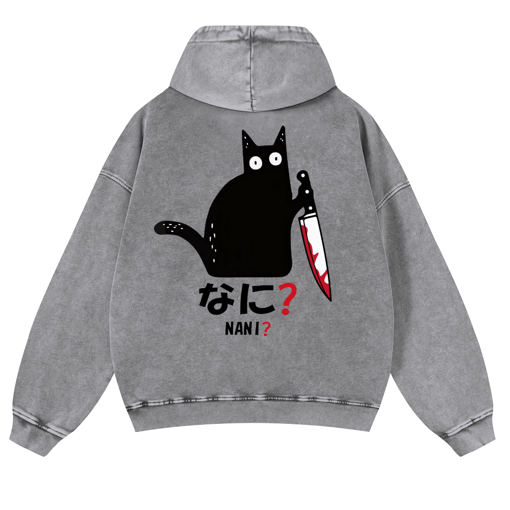 The Black Cat with a Knife Vintage Washed Cotton Back Art Hoodie