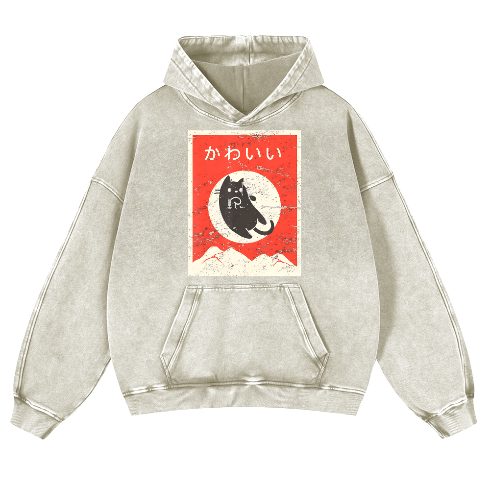 The Jumping Black Cat Vintage Washed Thick Cotton Hoodie