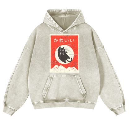 The Jumping Black Cat Vintage Washed Thick Cotton Hoodie
