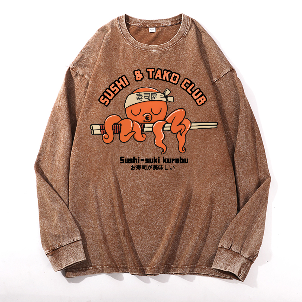 Sushi and Tako Octopus Vintage Cotton Wash Crewneck Sweatshirt