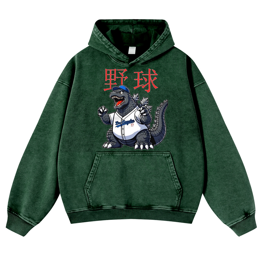 Godzilla's Baseball Adventure Vintage Washed Thick Cotton Hoodie