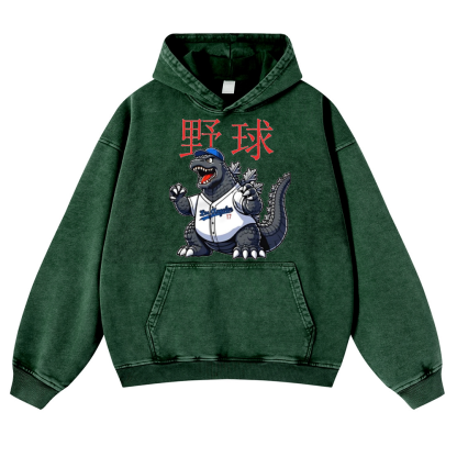 Godzilla's Baseball Adventure Vintage Washed Thick Cotton Hoodie