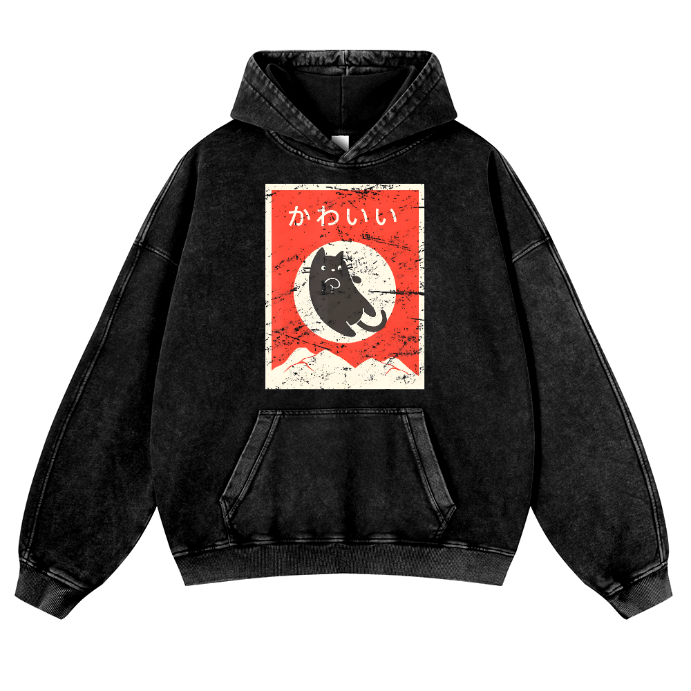 The Jumping Black Cat Vintage Washed Thick Cotton Hoodie