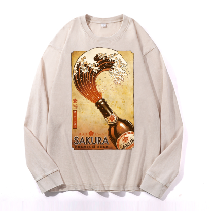 Sakura Wave Vintage Cotton Wash Crewneck Sweatshirt