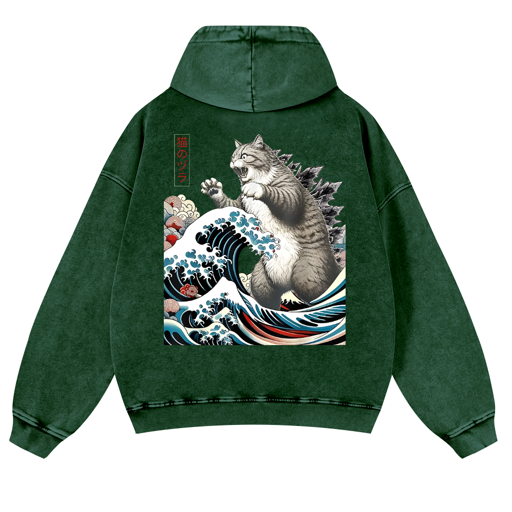 Cat Godzilla Ukiyoe Great Wave Vintage Washed Cotton Back Art Hoodie