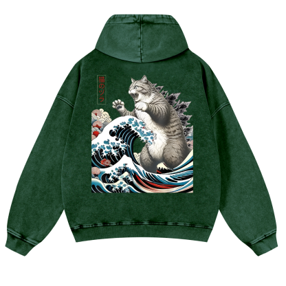 Cat Godzilla Ukiyoe Great Wave Vintage Washed Cotton Back Art Hoodie