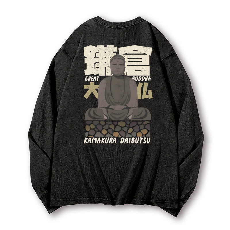 Kamakura Daibutsu Great Buddha Vintage Washed Cotton Back Art Long-sleeve T-shirt