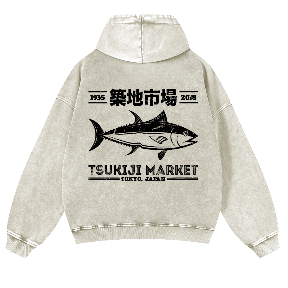 Tsukiji Market Tokyo Japan Fish Vintage Washed Cotton Back Art Hoodie