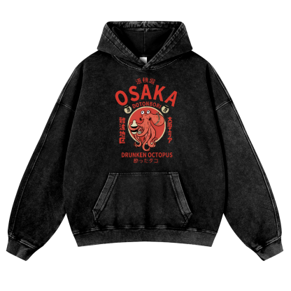 OSAKA Dotonbori Octopus Vintage Washed Thick Cotton Hoodie