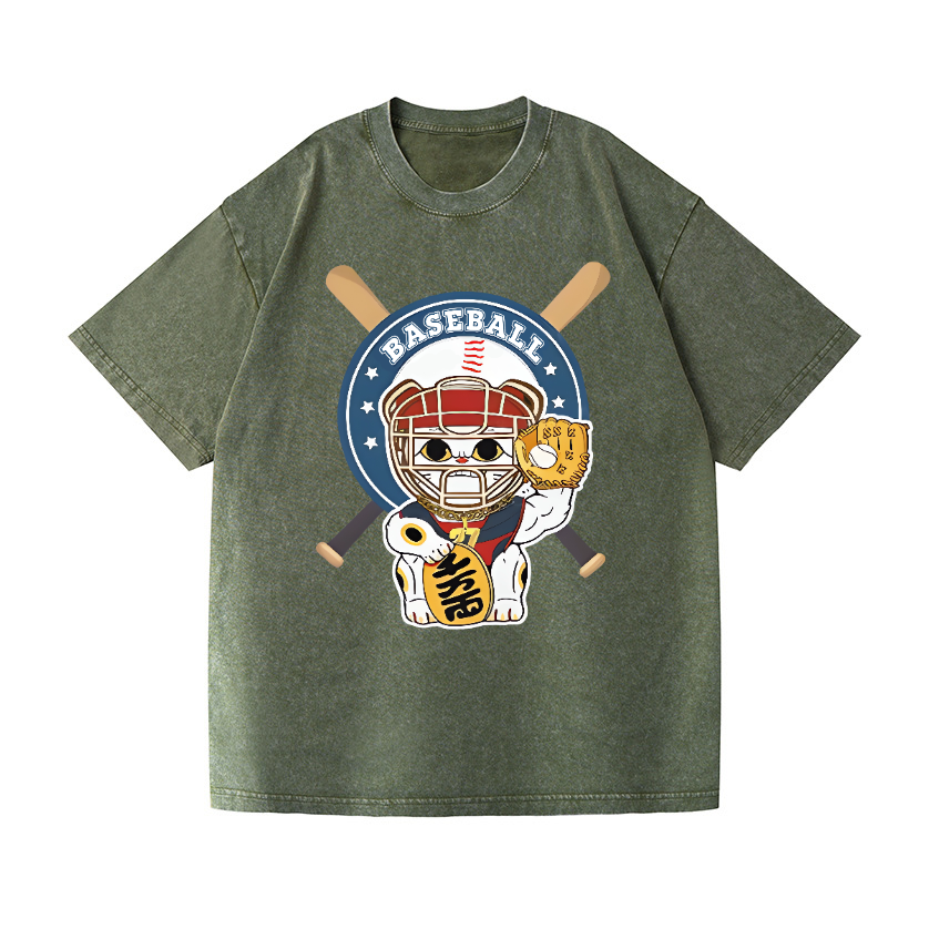 Baseball Maneki Neko Vintage Wash Japanese Design T-Shirt