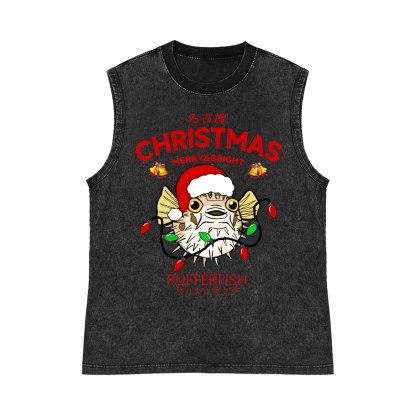 Puffer Fish Fugu Pure Cotton Wash-Dyed Sleeveless Tank Top