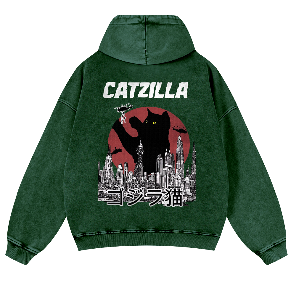 Catzilla Cat Godzilla Vintage Washed Cotton Back Art Hoodie