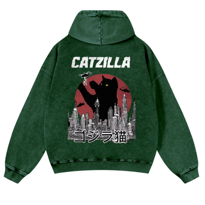 Catzilla Cat Godzilla Vintage Washed Cotton Back Art Hoodie