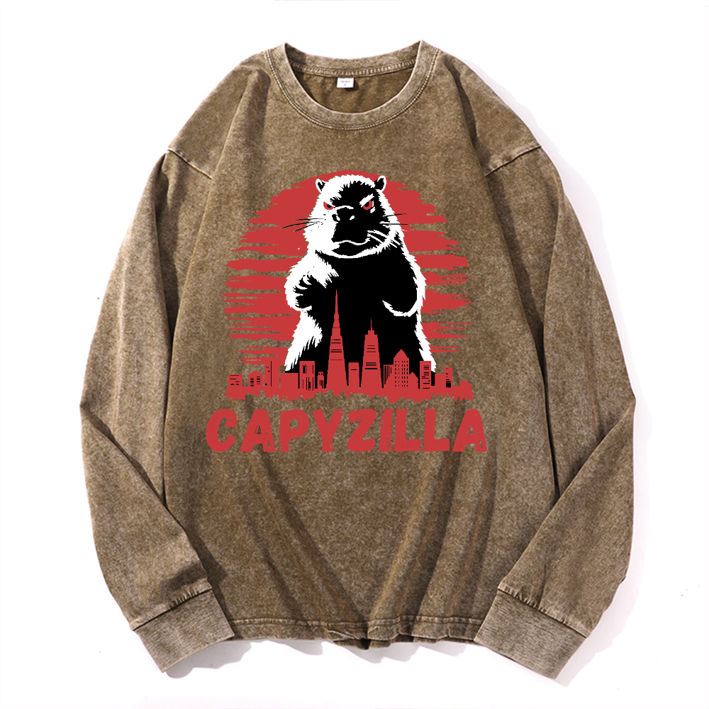 Capybara Godzilla Capyzilla Vintage Cotton Wash Crewneck Sweatshirt