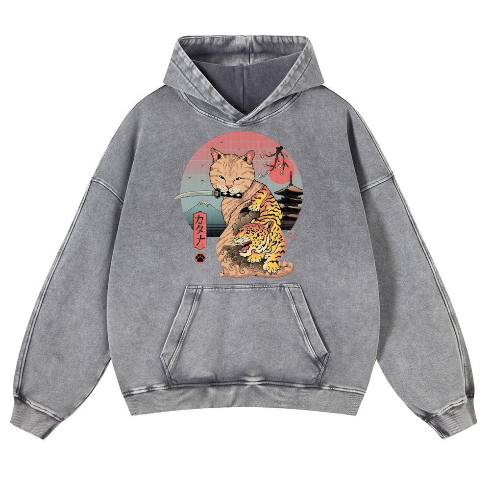 Japanese themed Cat Tiger Illustration Vintage Washed Thick Cotton Hoodie