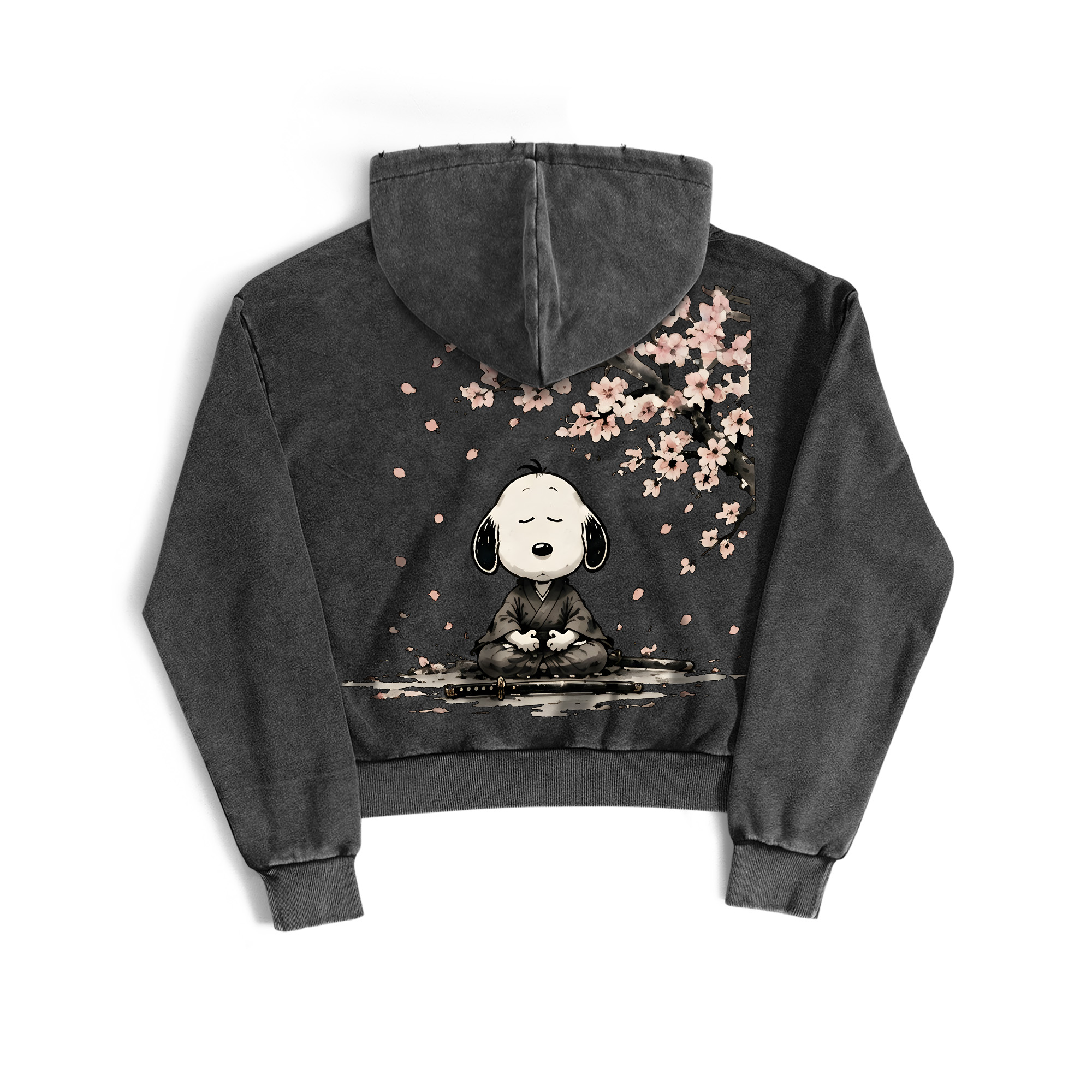 Samurai Style Peanuts Sakura Meditating Graphic Zip-Up Hoodie