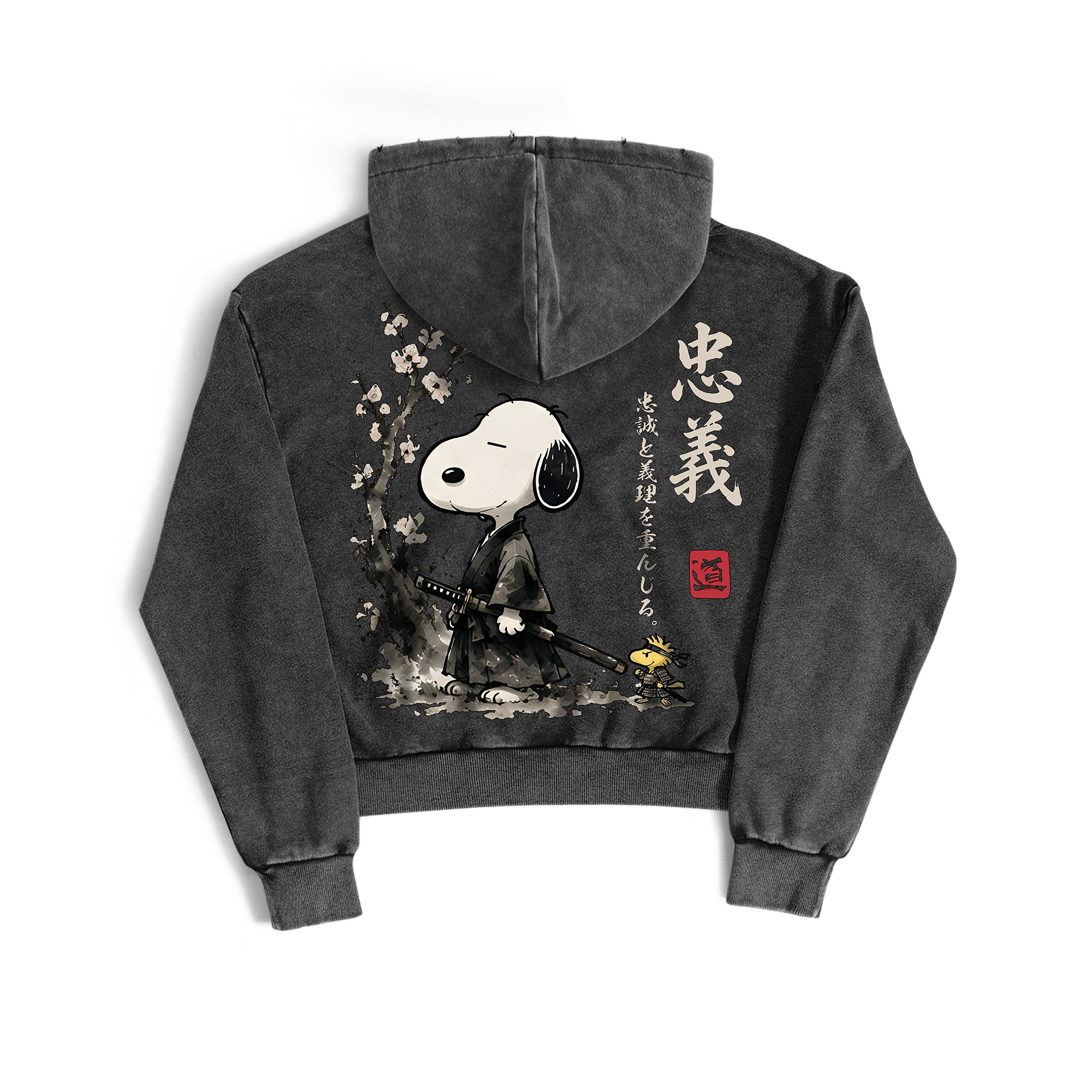 Samurai Style Peanuts Sakura Meditating Graphic Zip-Up Hoodie