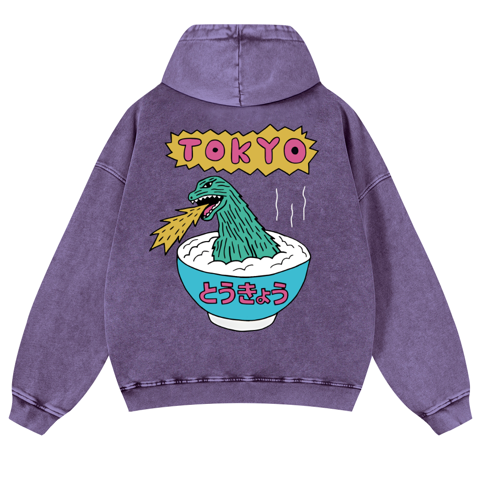 Godzilla The Monster Rice of Tokyo Vintage Washed Cotton Back Art Hoodie