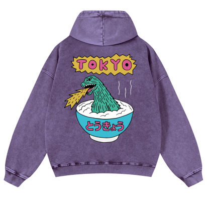 Godzilla The Monster Rice of Tokyo Vintage Washed Cotton Back Art Hoodie