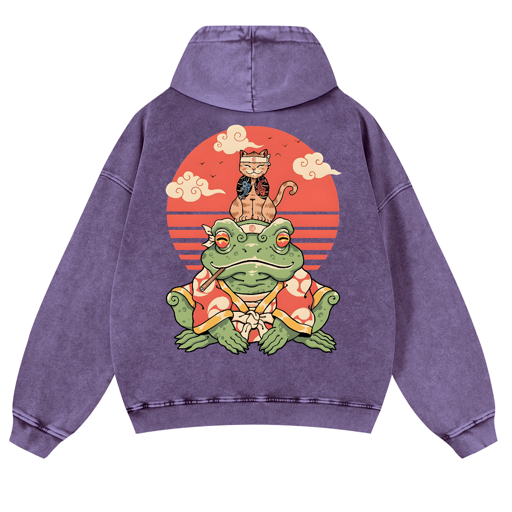 Cat And Frog Vintage Washed Cotton Back Art Hoodie