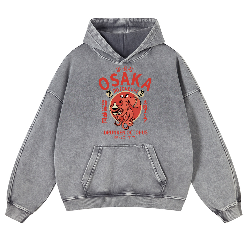 OSAKA Dotonbori Octopus Vintage Washed Thick Cotton Hoodie