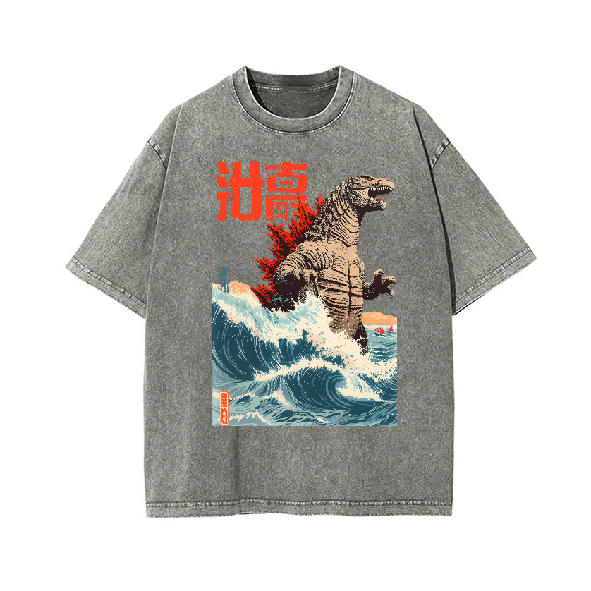 Godzilla Wave Vintage Wash Japanese Design T-Shirt