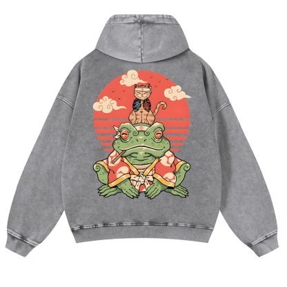 Cat And Frog Vintage Washed Cotton Back Art Hoodie