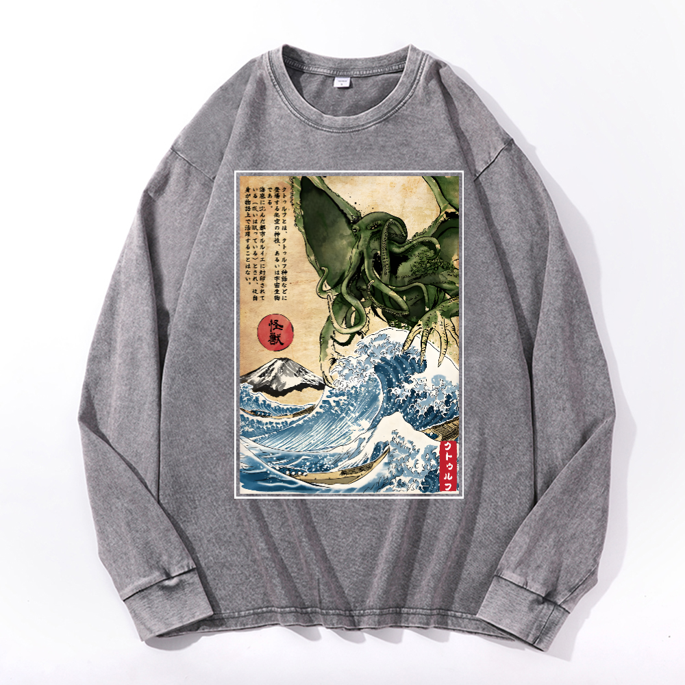 Octopus Ukiyoe Wave Vintage Cotton Wash Crewneck Sweatshirt