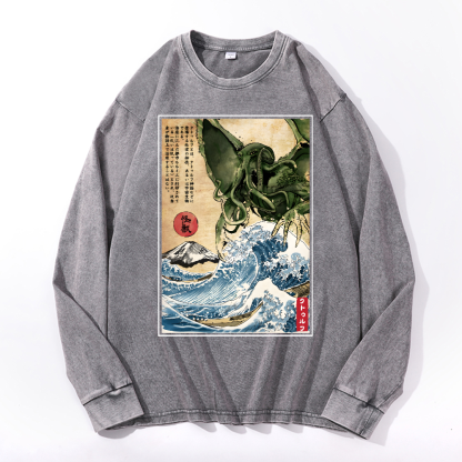Octopus Ukiyoe Wave Vintage Cotton Wash Crewneck Sweatshirt