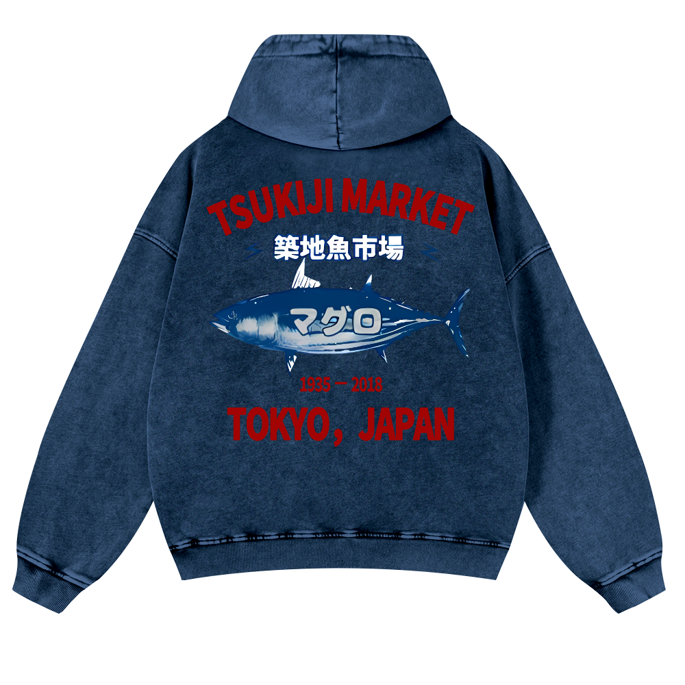 Tsukiji Market Tuna Fish Tokyo Japan Vintage Washed Cotton Back Art Hoodie