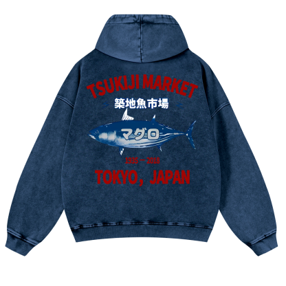 Tsukiji Market Tuna Fish Tokyo Japan Vintage Washed Cotton Back Art Hoodie