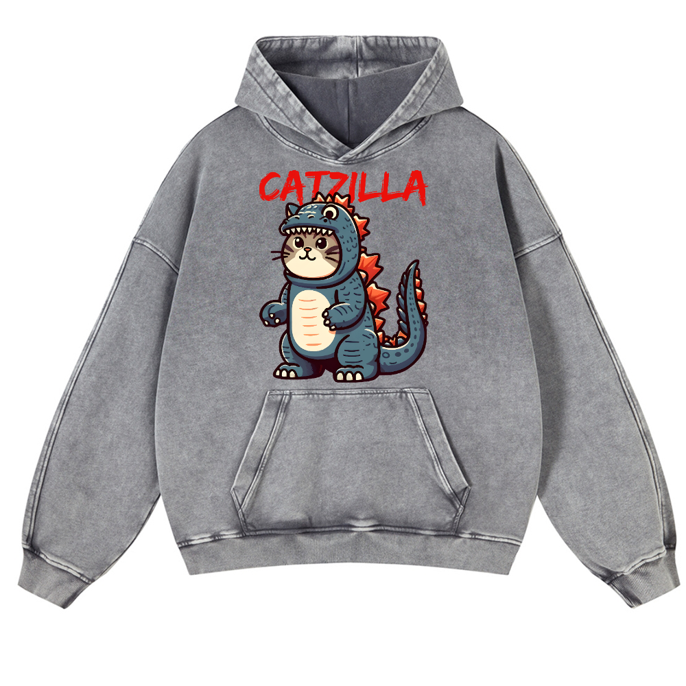 Catzilla Cat Godzilla Vintage Washed Thick Cotton Hoodie