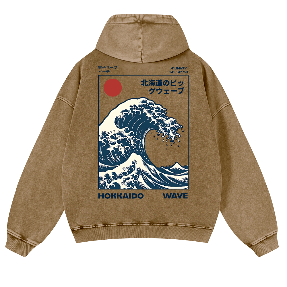 Hokkaido Wave Ukiyoe Vintage Washed Cotton Back Art Hoodie
