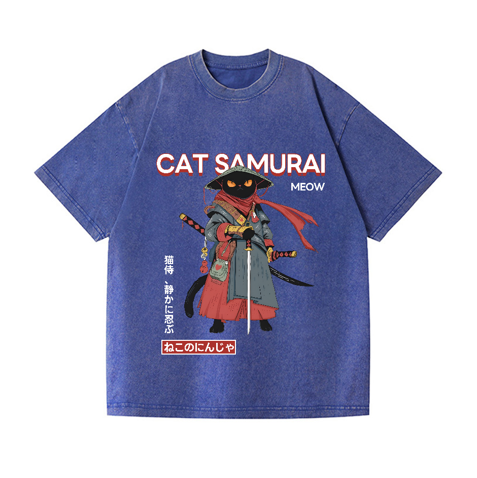Cat Samurai Vintage Wash Japanese Design T-Shirt