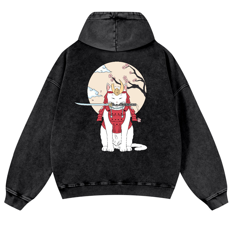 Samurai Cat Vintage Washed Cotton Back Art Hoodie
