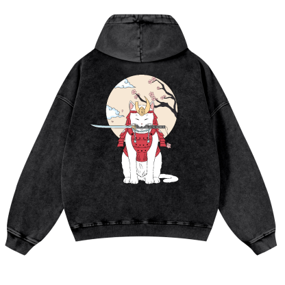 Samurai Cat Vintage Washed Cotton Back Art Hoodie