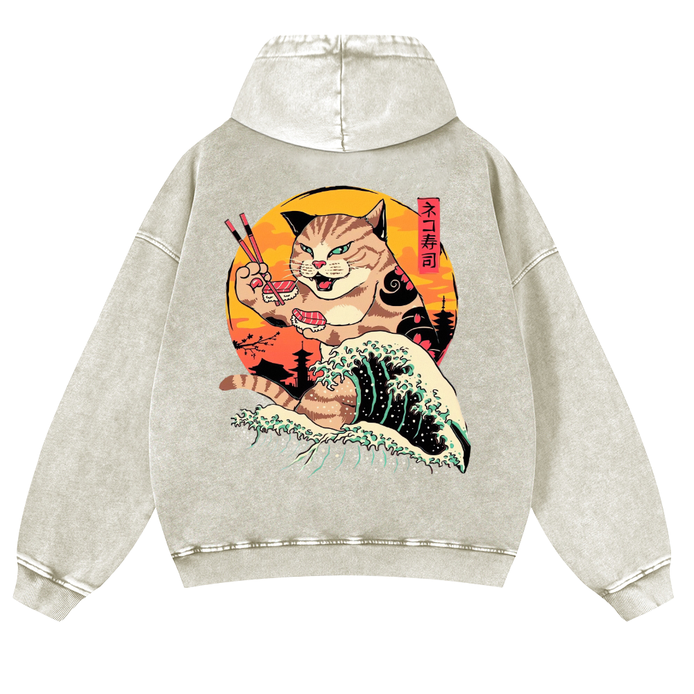 Ukiyoe Cat Vintage Washed Cotton Back Art Hoodie