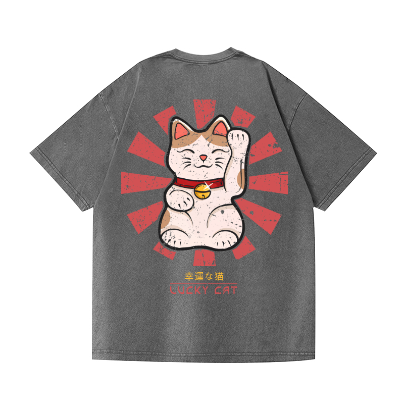 Lucky Cat Vintage Wash Japanese Design Back Art T-Shirt