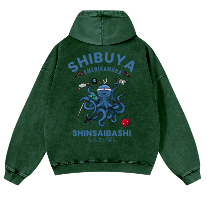 Shibuya Octopus Vintage Washed Cotton Back Art Hoodie