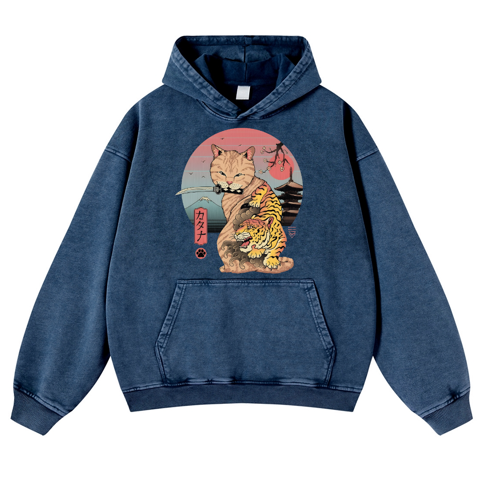 Japanese themed Cat Tiger Illustration Vintage Washed Thick Cotton Hoodie