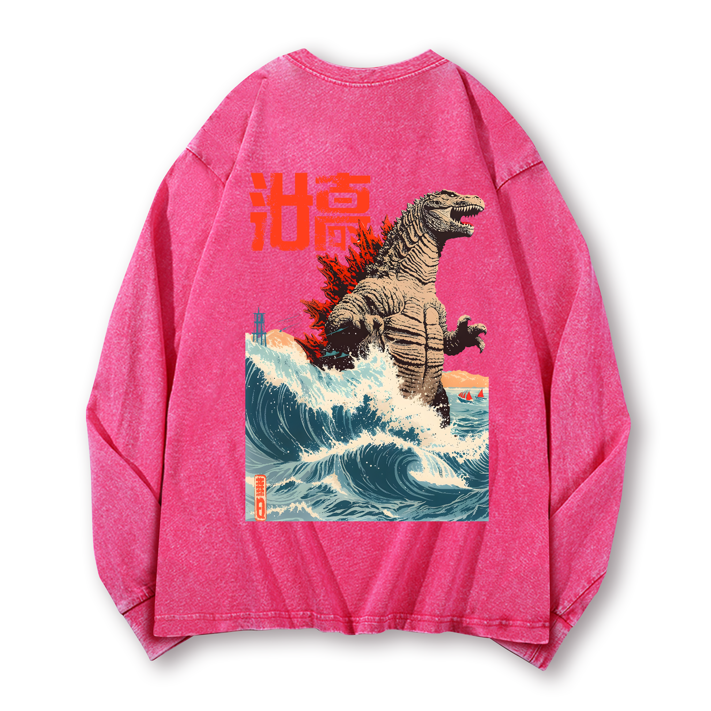 Godzilla Wave Vintage Washed Cotton Back Art Long-sleeve T-shirt