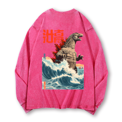 Godzilla Wave Vintage Washed Cotton Back Art Long-sleeve T-shirt