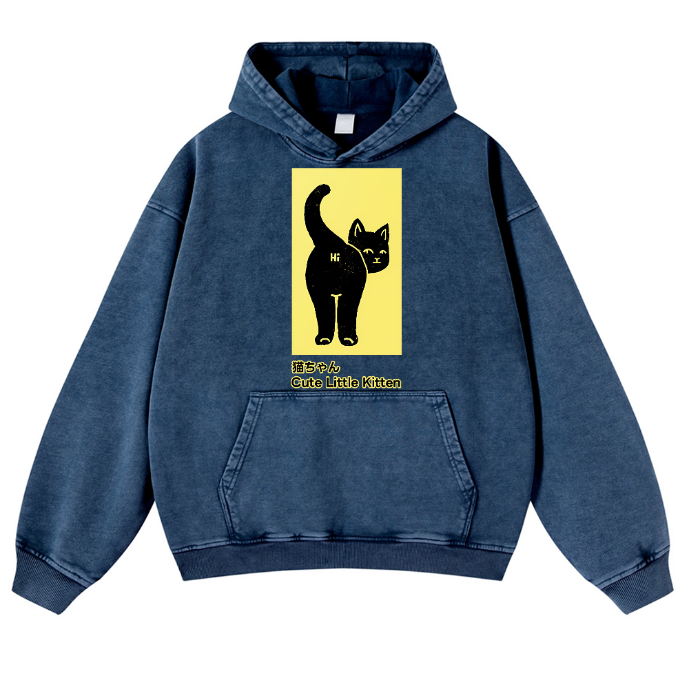 Cute Little Kitten Black Cat Vintage Washed Thick Cotton Hoodie